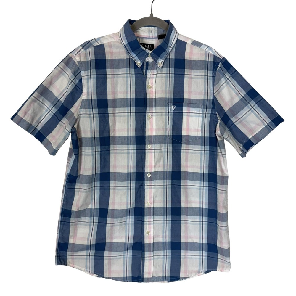 Chaps Shirt Mens Medium Blue Pink Plaid Short Sleeve Button Down Easy Care